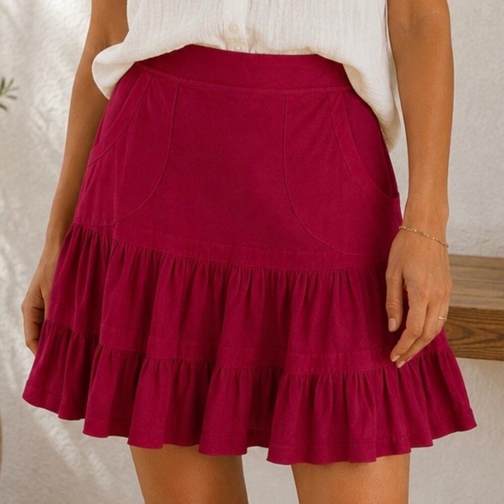 FREE PEOPLE | Red Tiered Ruffled Mini Skirt Viscose Pocket Casual Boho | Small